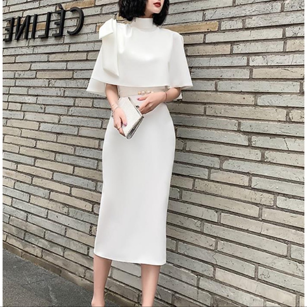 TS COUTURE White Cape Sheath Column Cocktail 3PC Dress w/ Belt | S | NWT